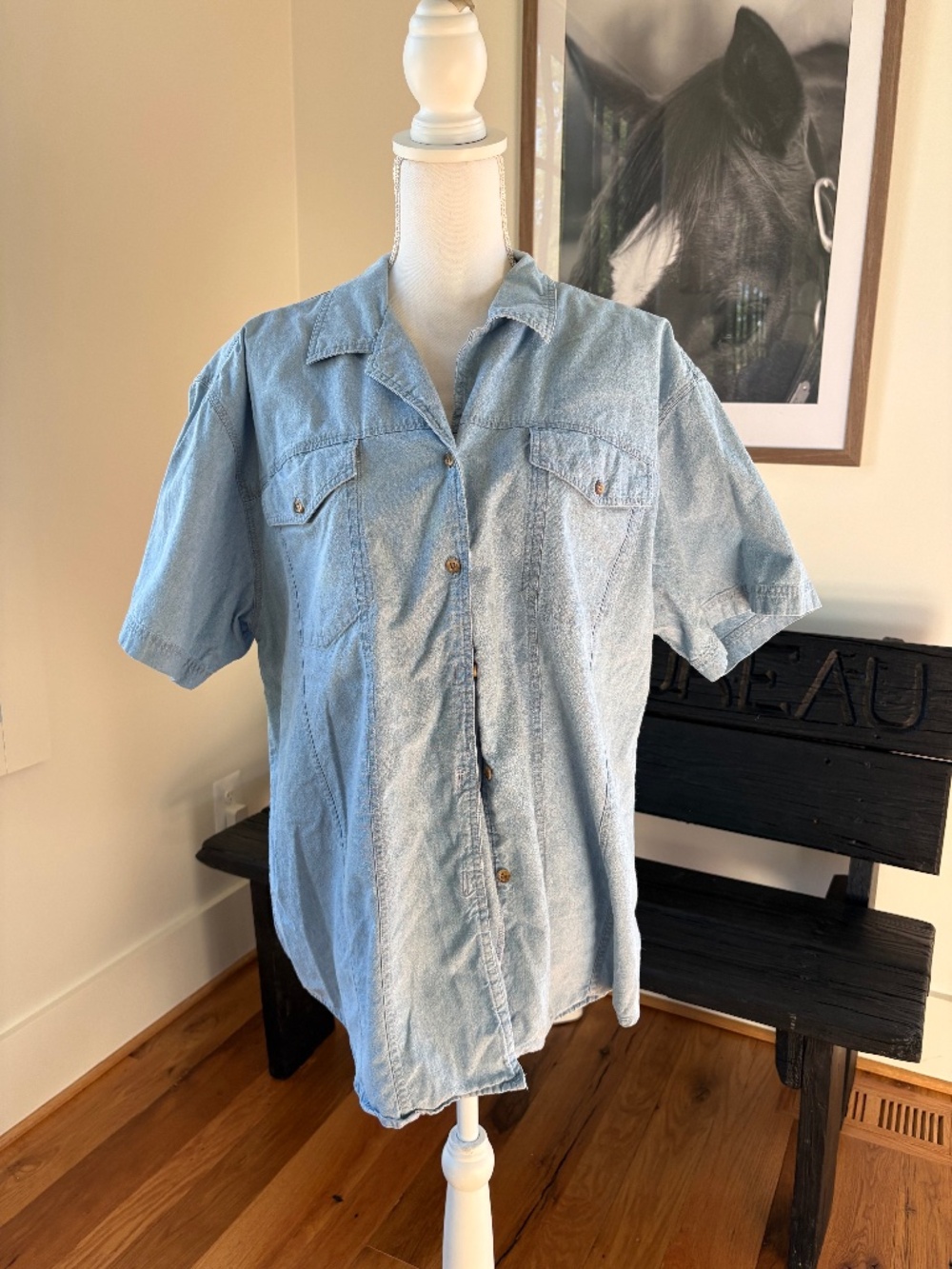 Vintage Womens Short Sleeve Denim Button Up